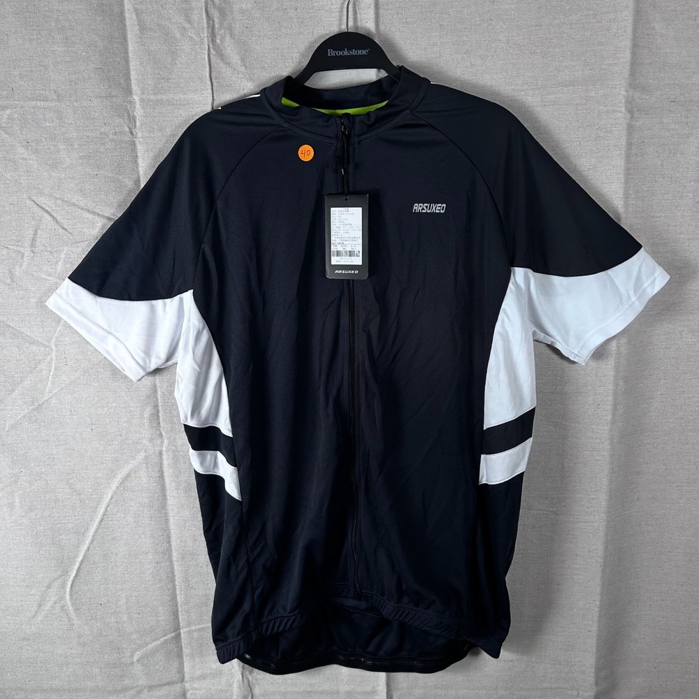 Arsuxeo Mens‎ Cycling Jersey Black White Short Sleeve Full Zip XXL New With Tags